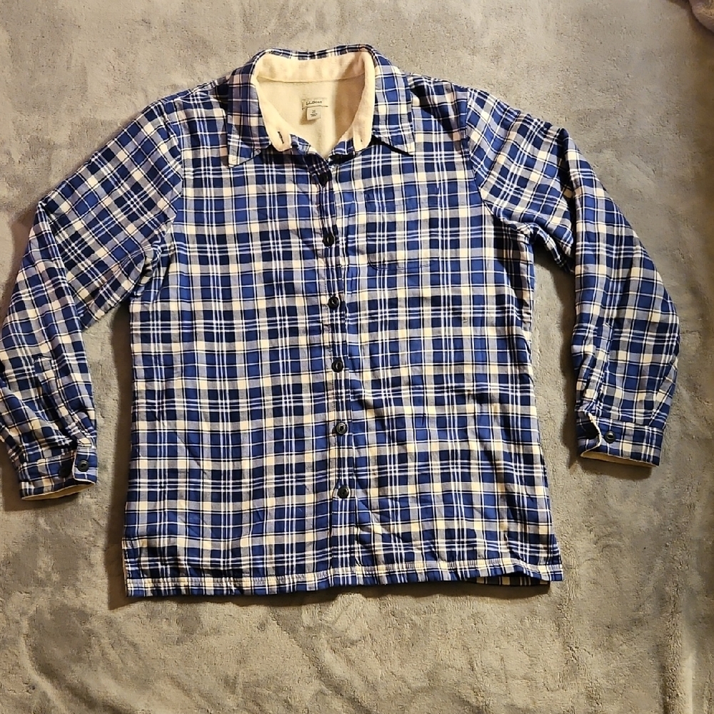 L.L. Bean Blue and Cream Plaid Women's Fleece-Lined Flannel Shirt Medium